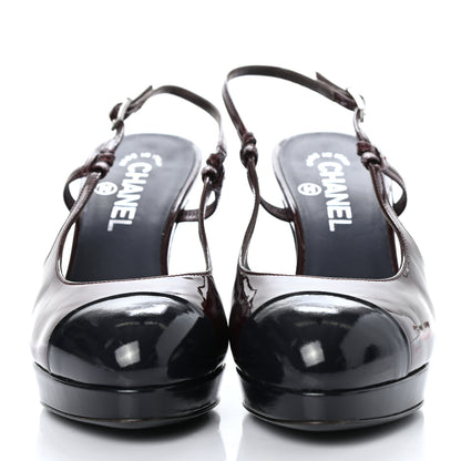 Chanel Patent Cap Toe Slingback Heels 37.5 Burgundy Navy 2 of 8