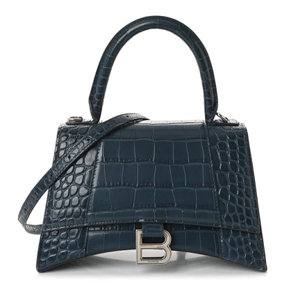 Balenciaga Shiny Calfskin Crocodile Embossed Small Hourglass Top Handle Bag Dark Petrol Blue 1 of 9