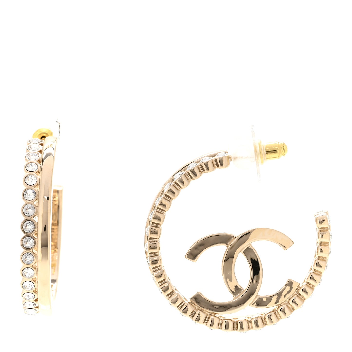 Metal Crystal Studded CC Hoop Earrings Gold