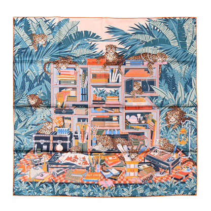Hermes Silk Les Douze Leopards Double Face Scarf 90 Rose Poudre Ardoise Orange 1 of 4