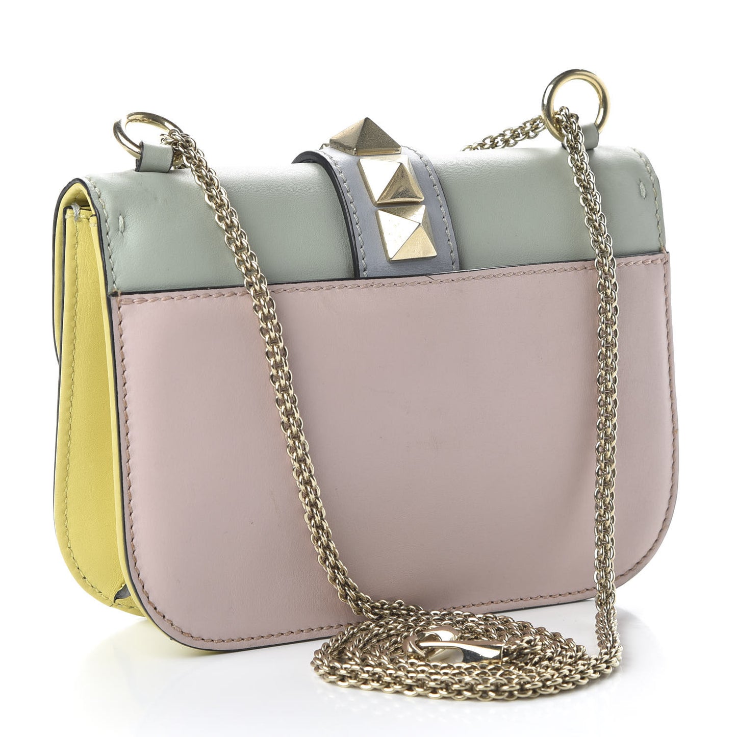 Vitello Watercolor Small Glam Lock Rockstud Flap Rose Green Yellow Sky
