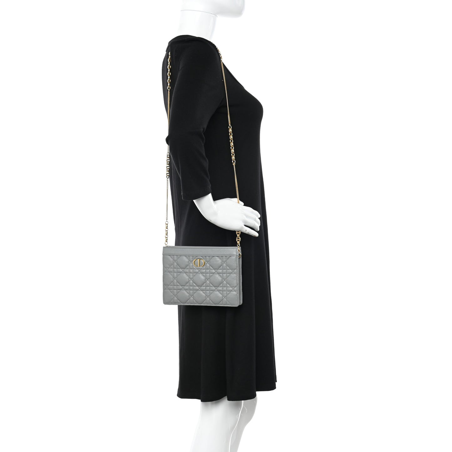 Calfskin Cannage Caro Zipped Pouch With Chain Grey