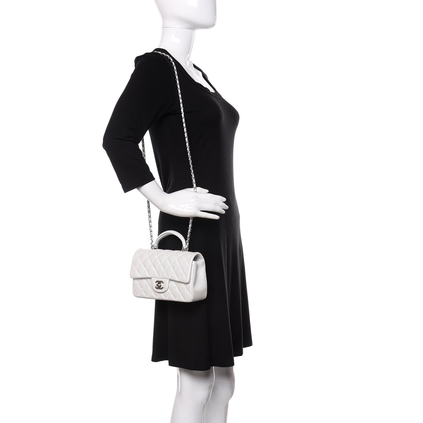 Iridescent Caviar Quilted Mini Top Handle Rectangular Flap White