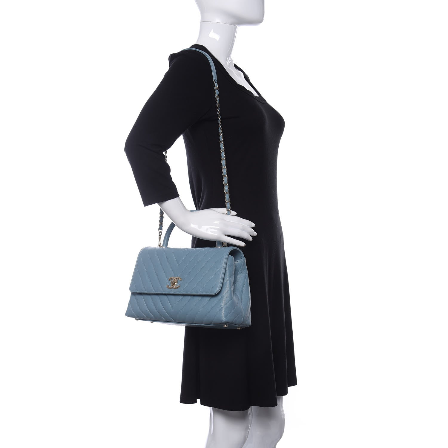 Chanel Caviar Chevron Quilted Small Coco Handle Flap Light Blue 2 of 10