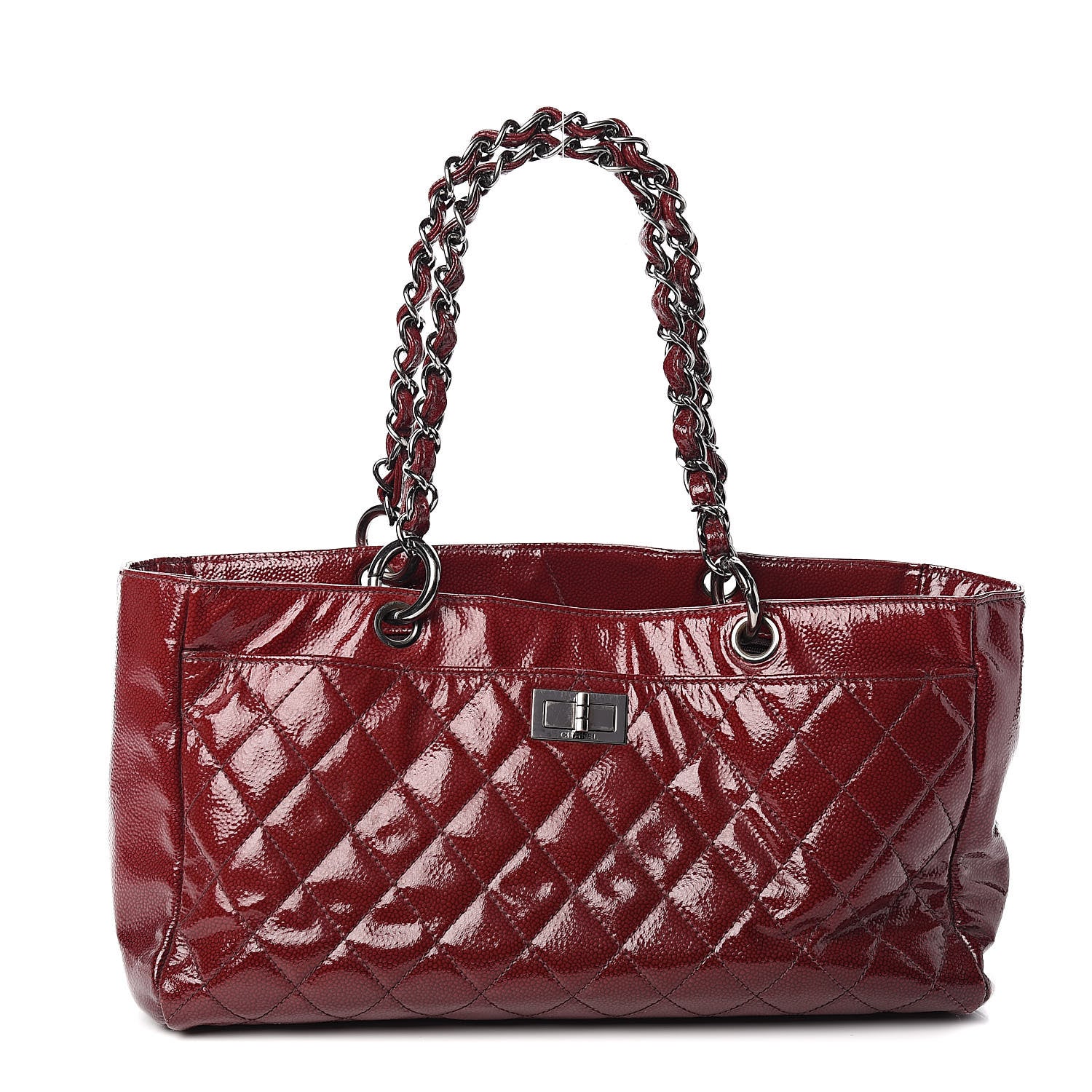 Chanel Patent Caviar Diamond Quilted Shine Small Reissue Tote Red 1 of 12