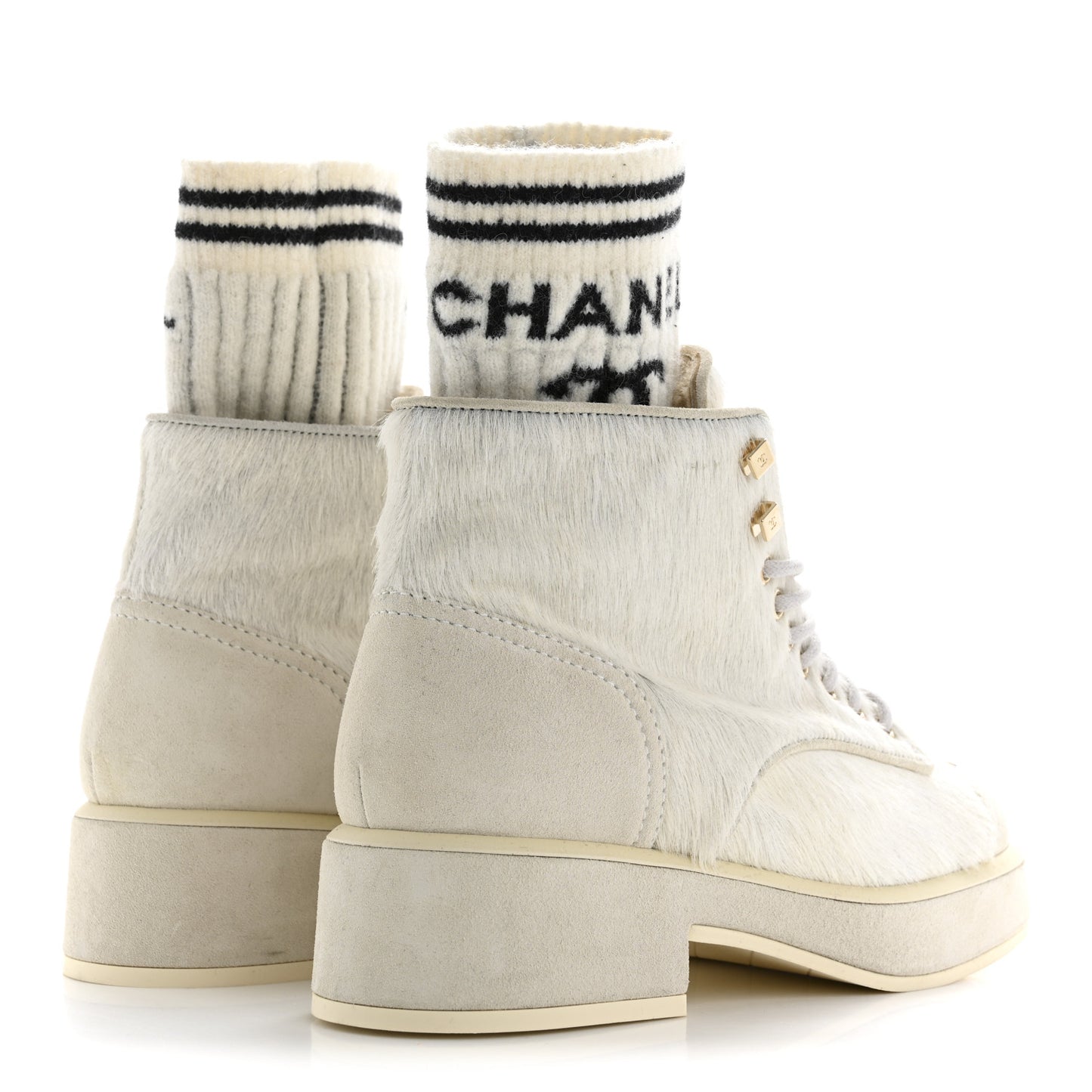 Suede Pony Hair Shearling Lace Up Combat Boots 36.5 White