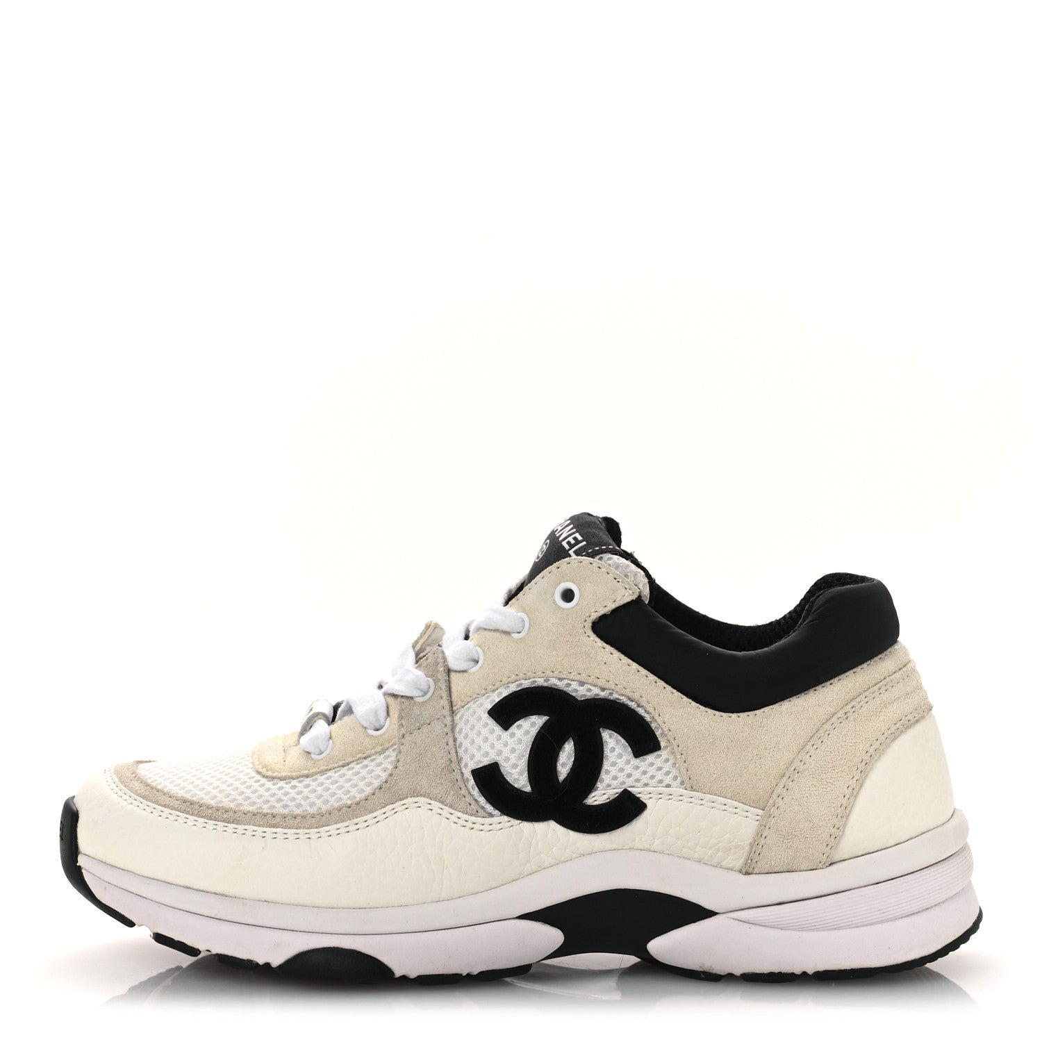 Chanel Mesh Suede Calfskin Grained Calfskin Womens CC Sneakers 38 White Black 1 of 11