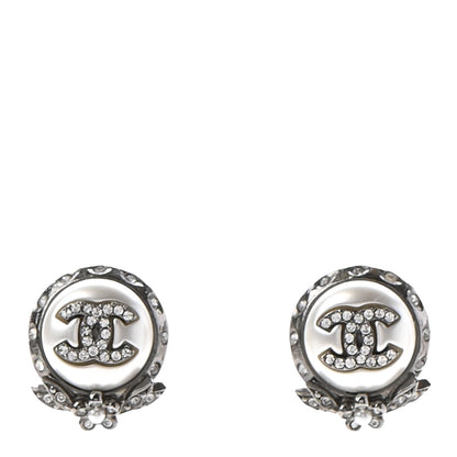 Chanel Pearl Crystal CC Round Earrings Silver 1 of 4