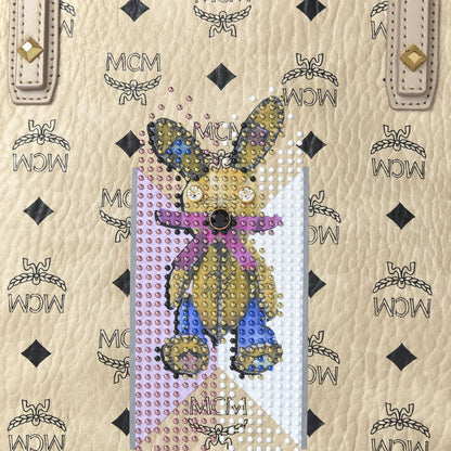 MCM Visetos Medium Studded Rabbit Top Zip Shopper Tote Beige 8 of 8