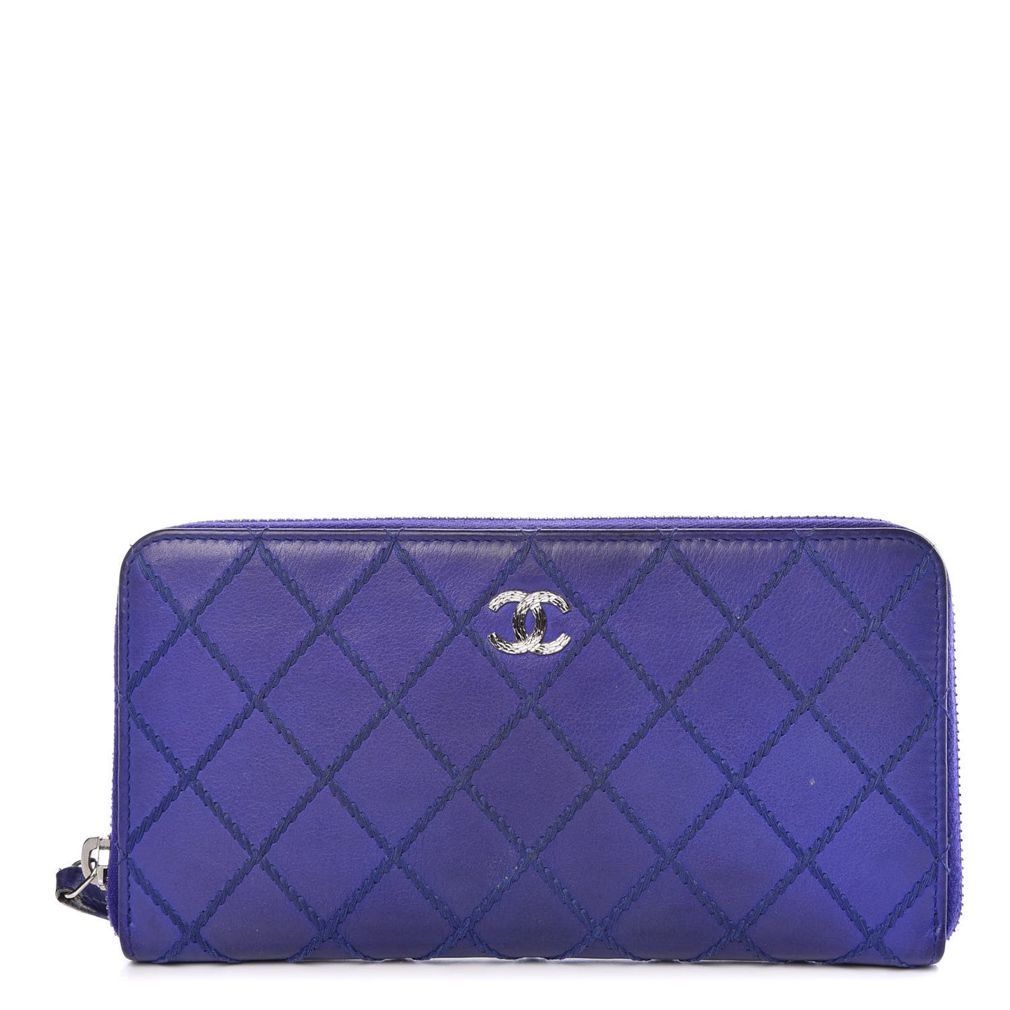 Calfskin Stitched Fancy CC Zip Around Wallet Blue