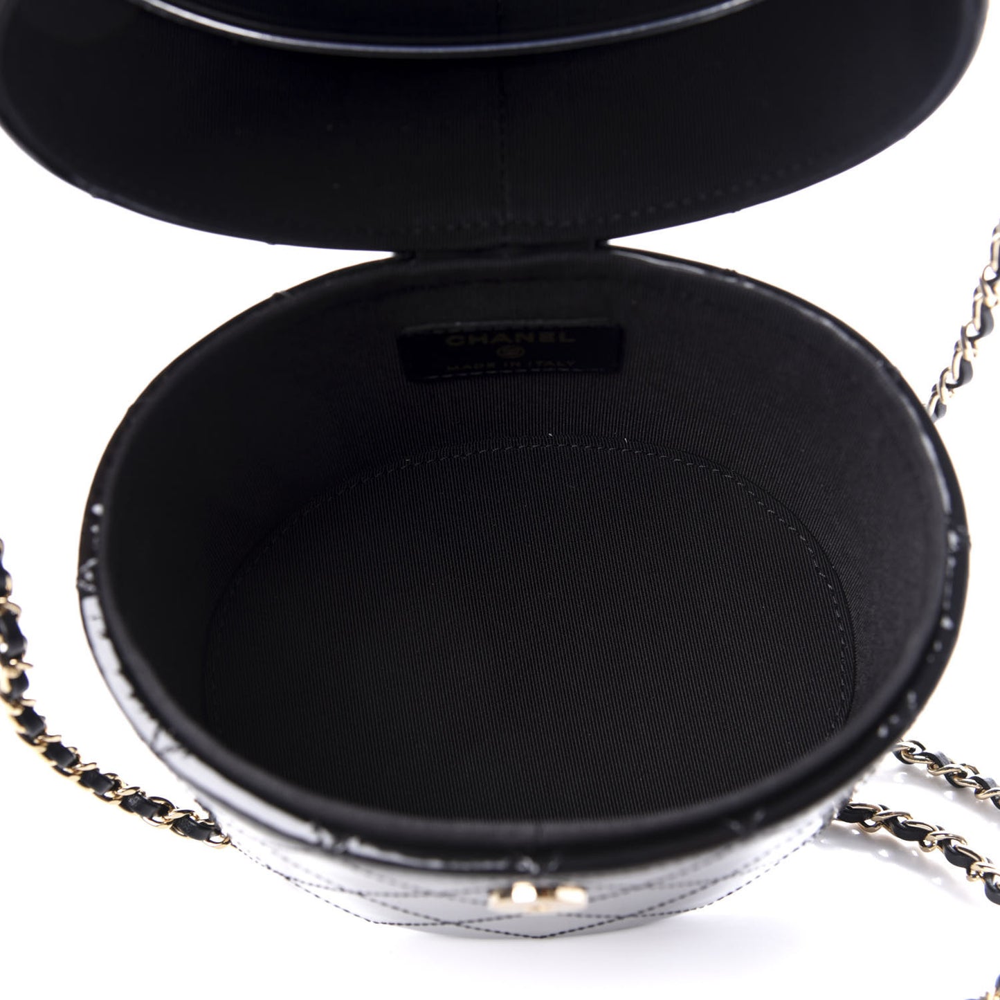 Patent Quilted Round Clutch With Chain Black