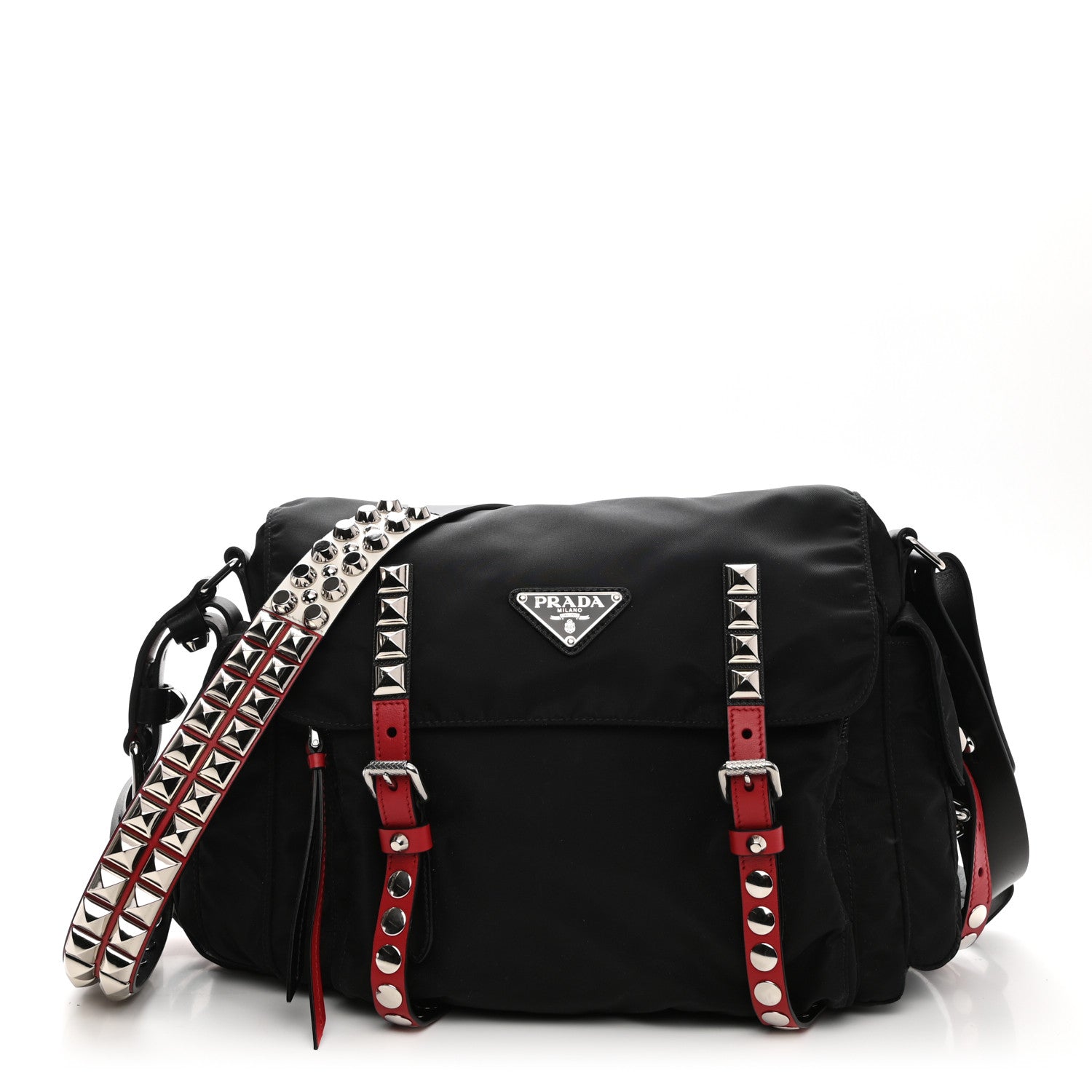 Prada Nylon New Vela Studded Messenger Black Fuoco 1 of 10