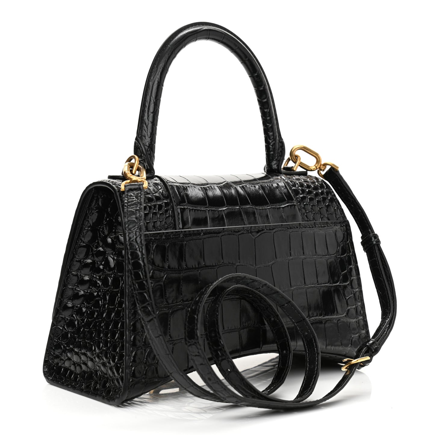 Shiny Calfskin Crocodile Embossed Small Hourglass Top Handle Bag Black