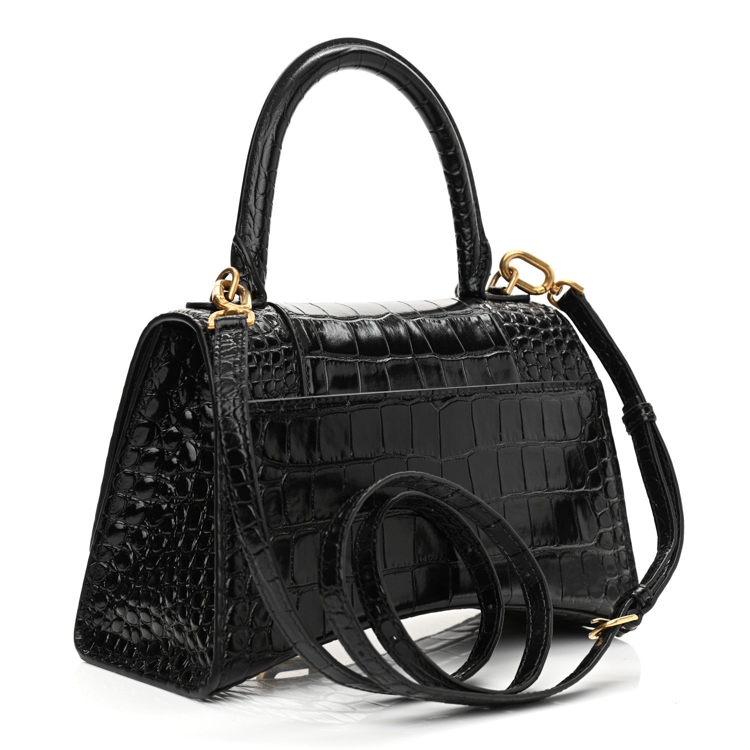 Balenciaga Shiny Calfskin Crocodile Embossed Small Hourglass Top Handle Bag Black 3 of 10
