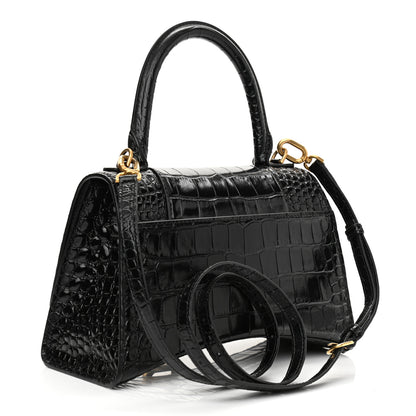 Balenciaga Shiny Calfskin Crocodile Embossed Small Hourglass Top Handle Bag Black 3 of 10