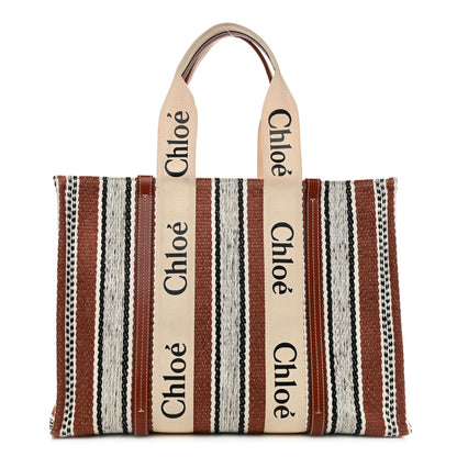 Chloe Woven Linen Large Woody Striped Ribbon Tote Sepia Brown 1 of 13