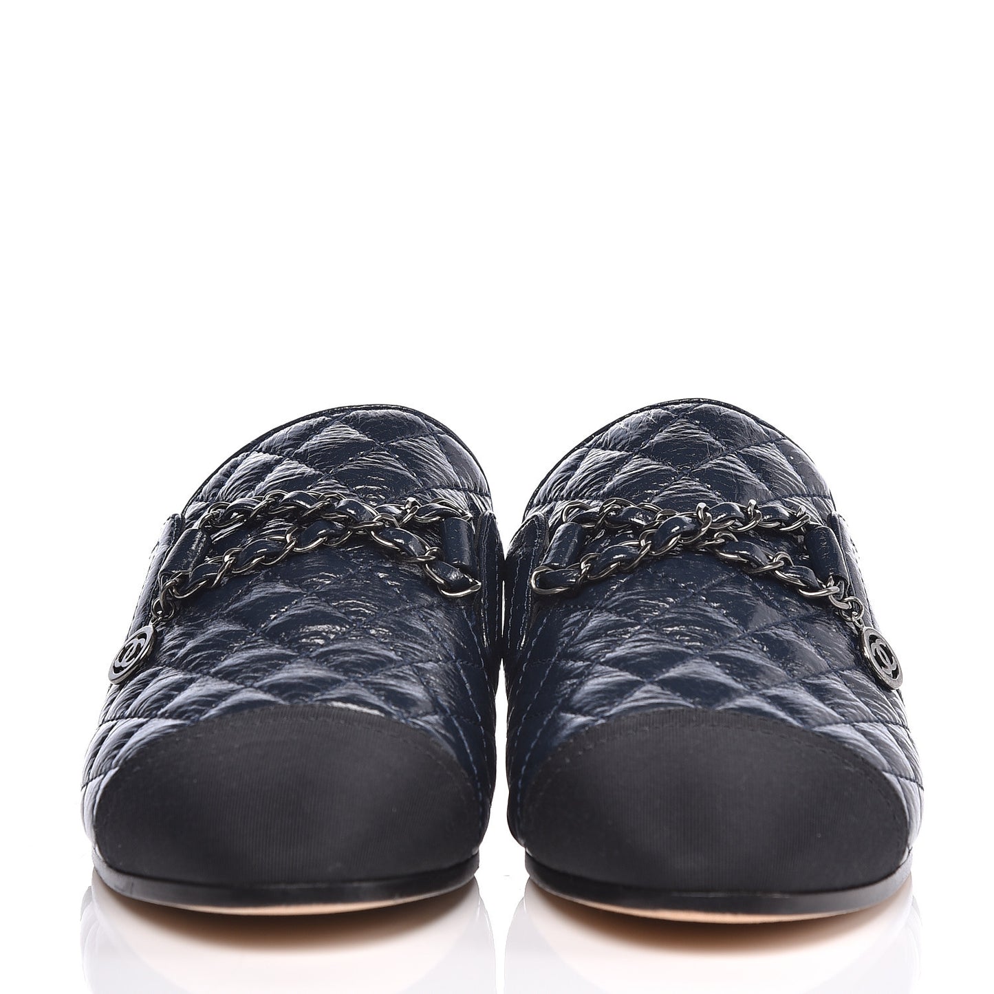 Glazed Deerskin Grosgrain Quilted Chain Mules 38 Blue Black