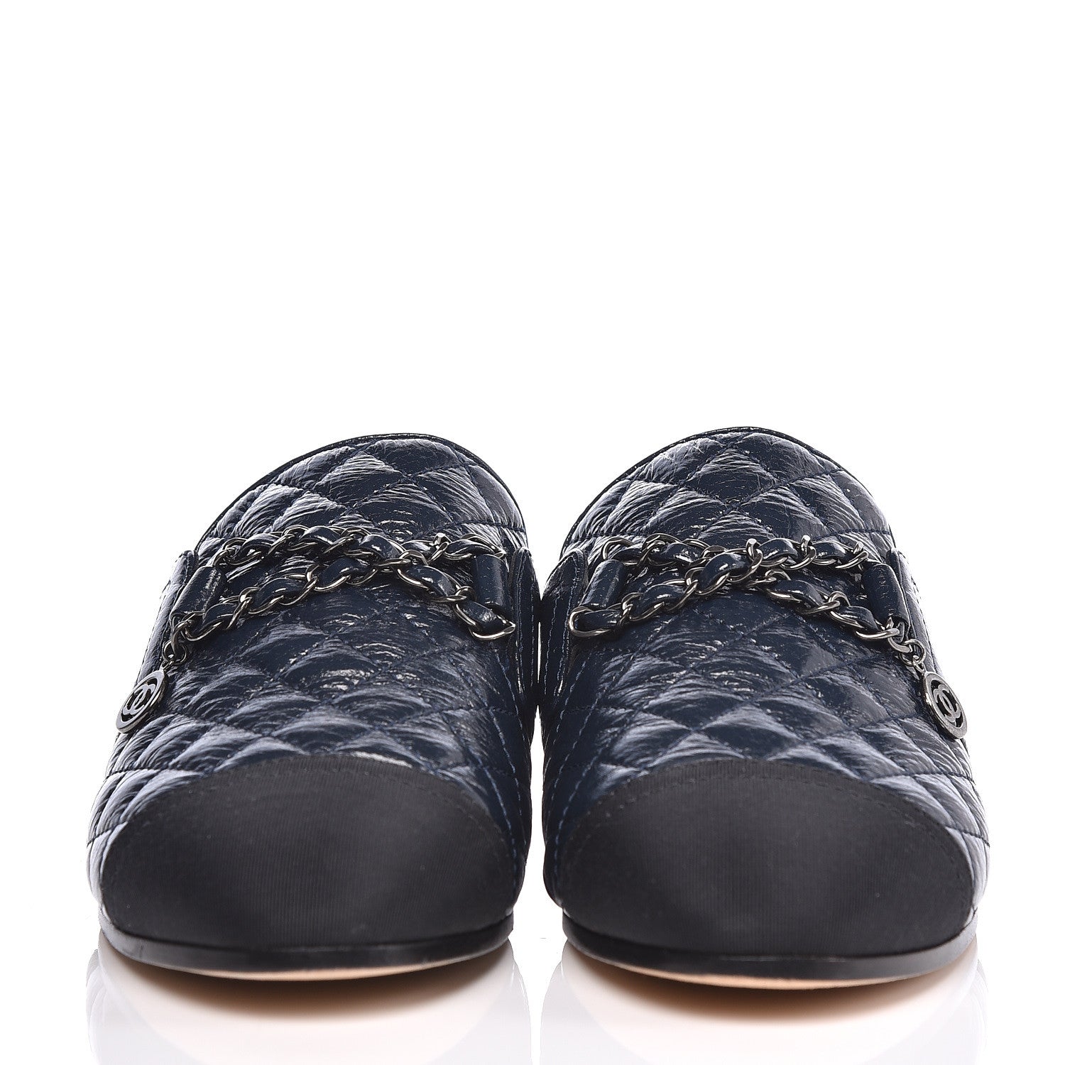Chanel Glazed Deerskin Grosgrain Quilted Chain Mules 38 Blue Black 2 of 8