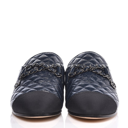 Chanel Glazed Deerskin Grosgrain Quilted Chain Mules 38 Blue Black 2 of 8