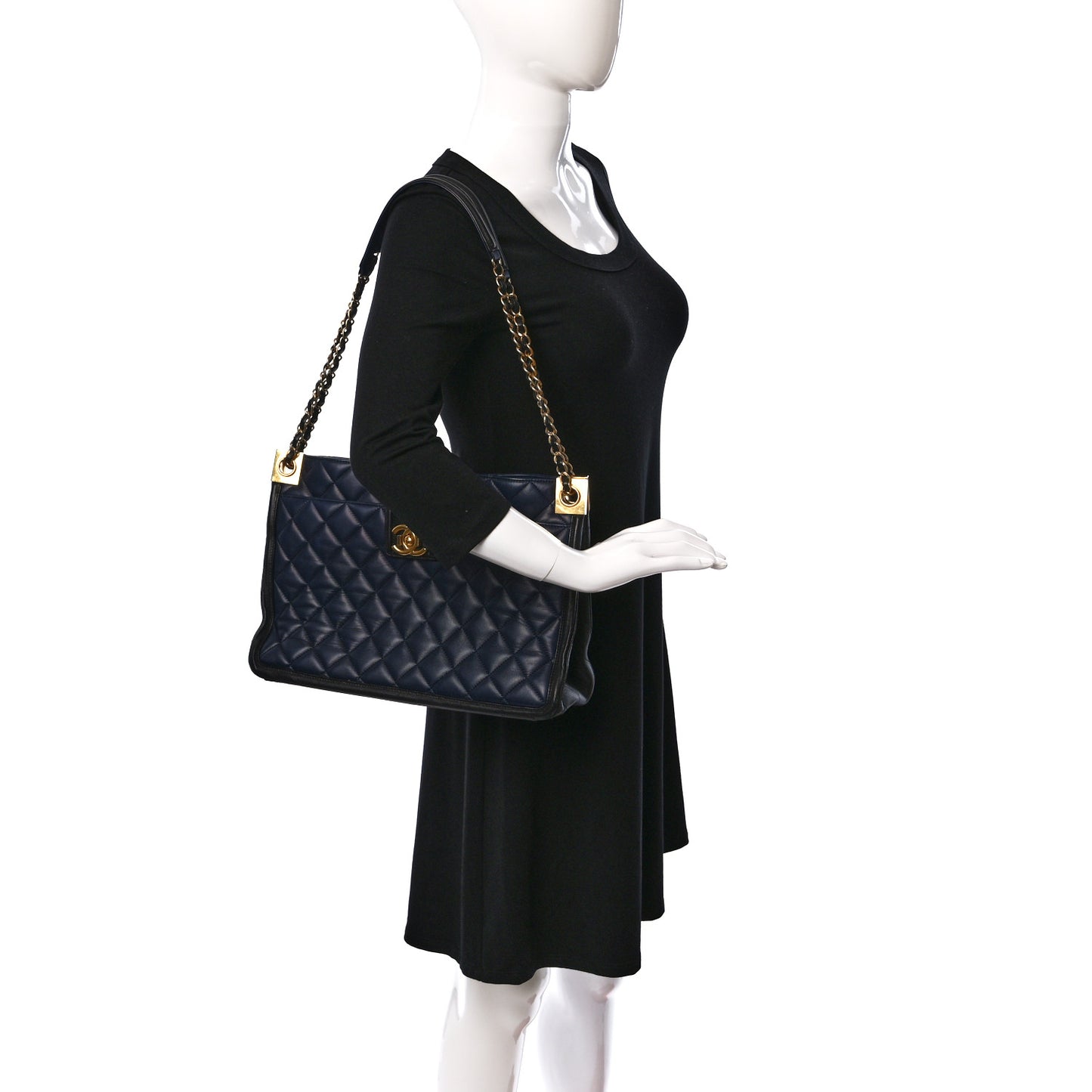 Lambskin Quilted Elegant CC Shopping Tote Navy Black
