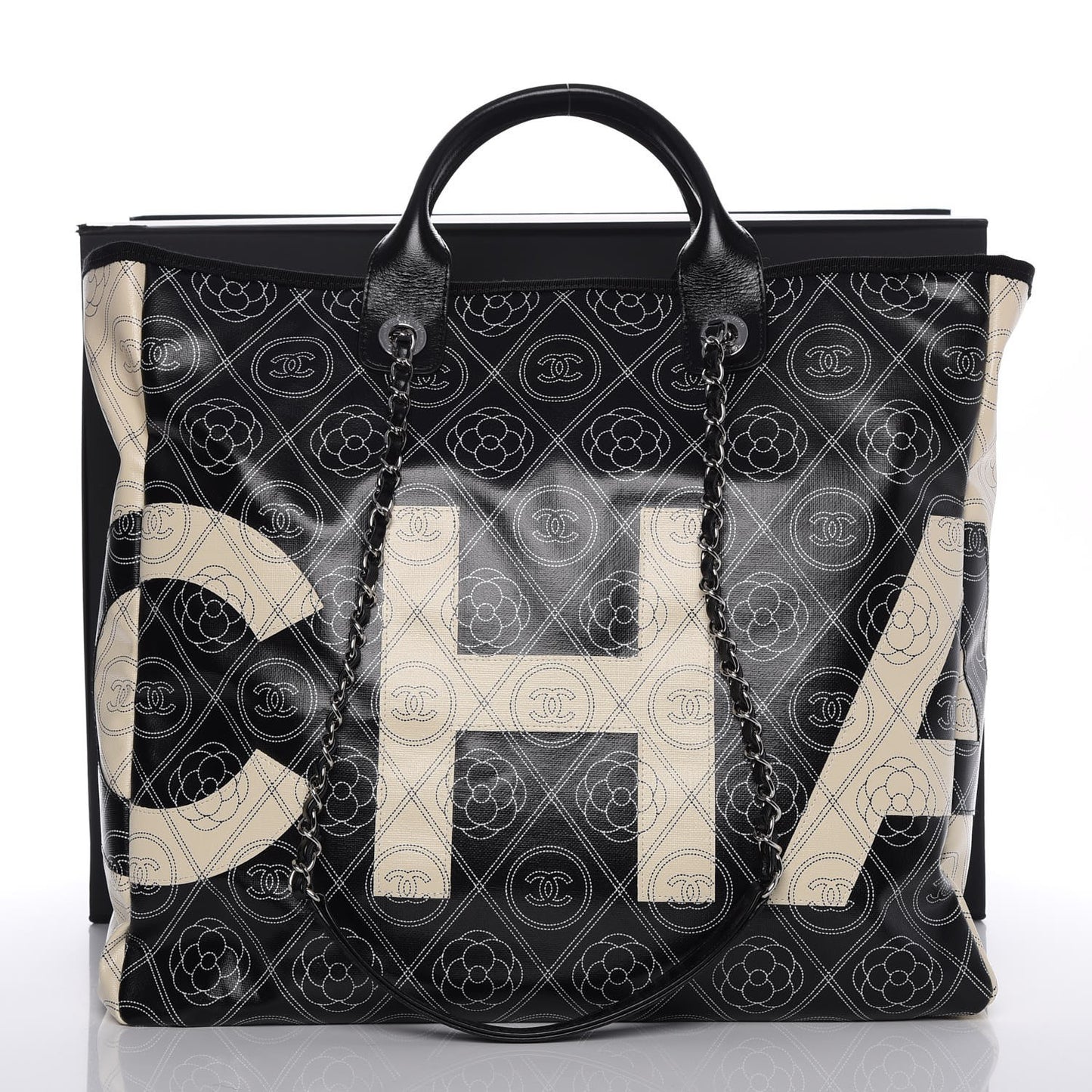 Printed Canvas Large Shopping Tote Black Beige