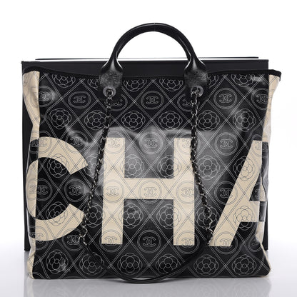 Chanel Printed Canvas Large Shopping Tote Black Beige 9 of 9