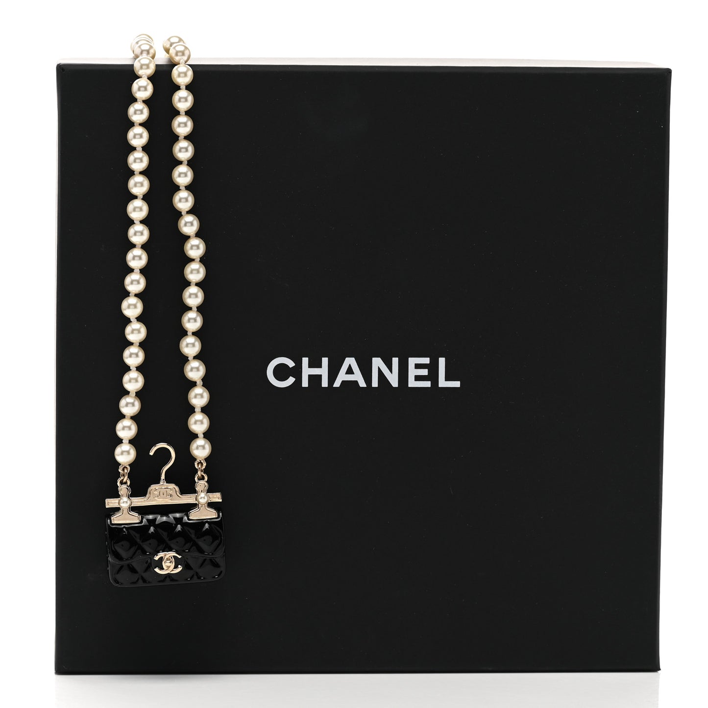 Pearl Metal Resin Quilted Flap Bag Necklace Gold Black Pearly White
