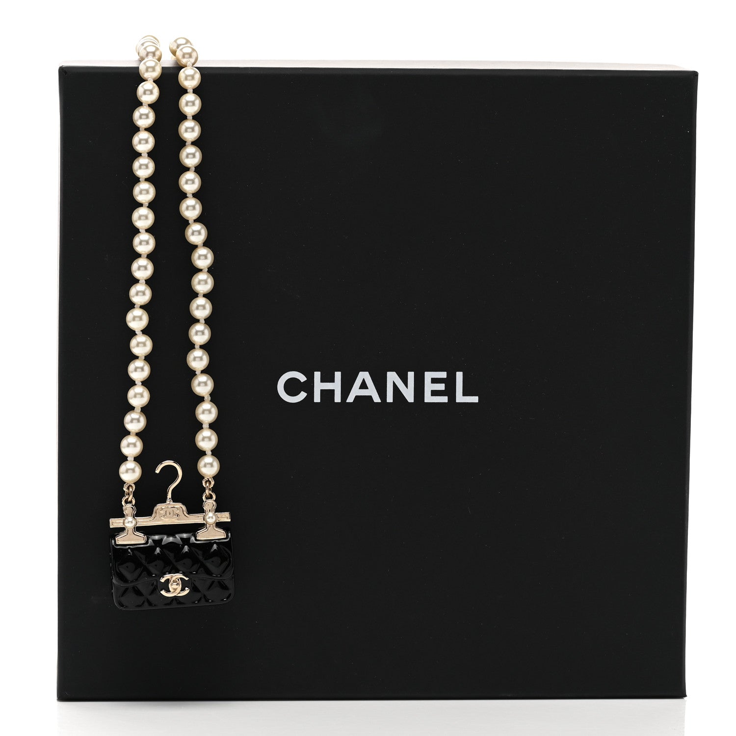 Chanel Pearl Metal Resin Quilted Flap Bag Necklace Gold Black Pearly White 7 of 7