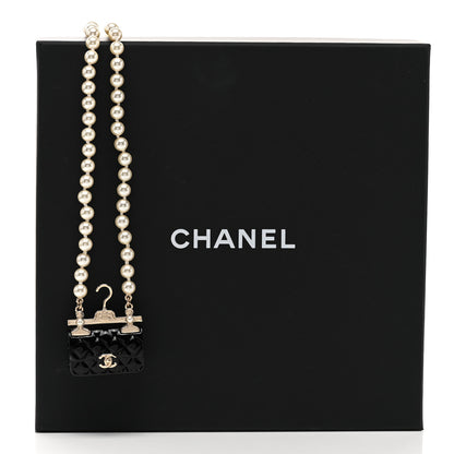 Chanel Pearl Metal Resin Quilted Flap Bag Necklace Gold Black Pearly White 7 of 7