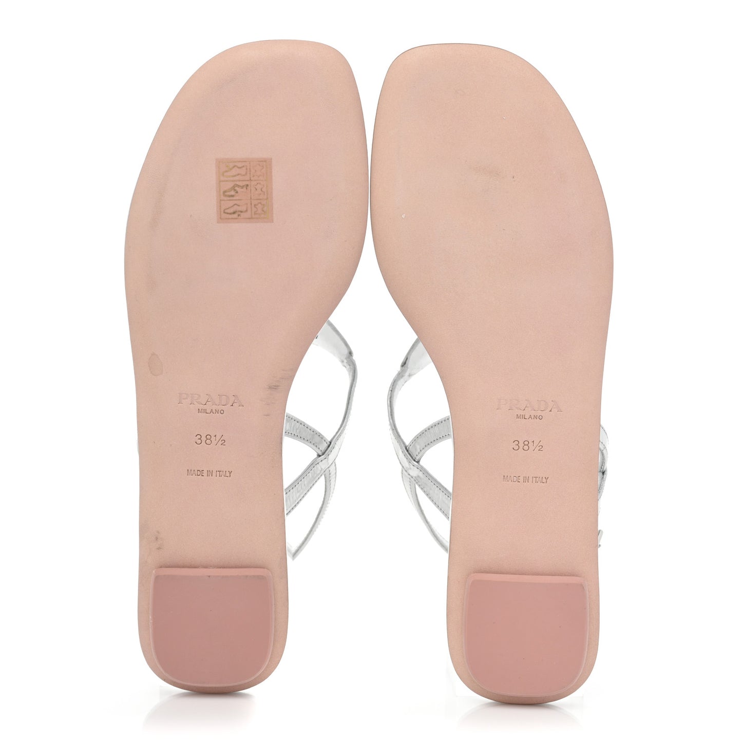 Metallic Calfskin Metal Triangle Logo Slingback Flat Thong Sandals 38.5 Argento