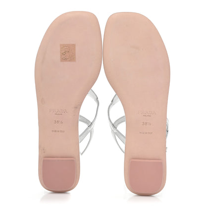 Prada Metallic Calfskin Metal Triangle Logo Slingback Flat Thong Sandals 38.5 Argento 5 of 12