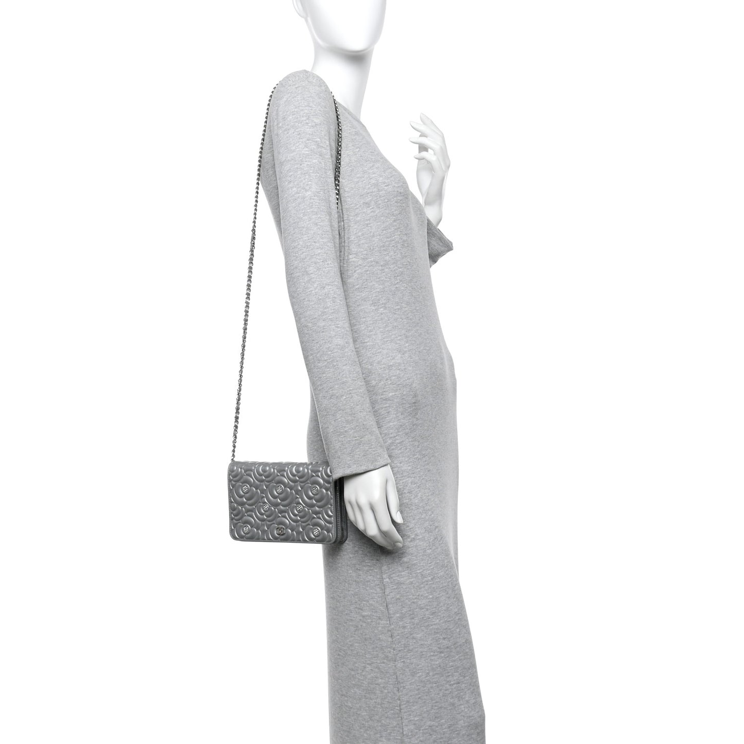Metallic Lambskin Crystal Camellia Embossed Wallet On Chain WOC Silver