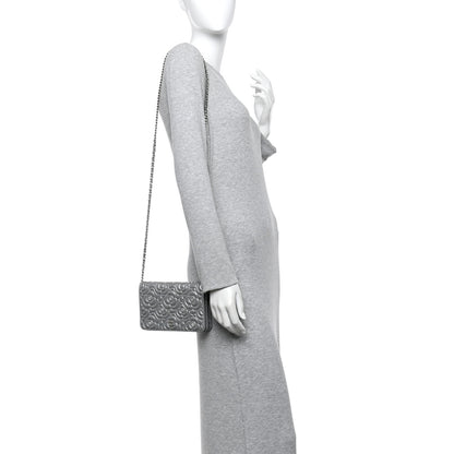 Chanel Metallic Lambskin Crystal Camellia Embossed Wallet On Chain WOC Silver 2 of 12