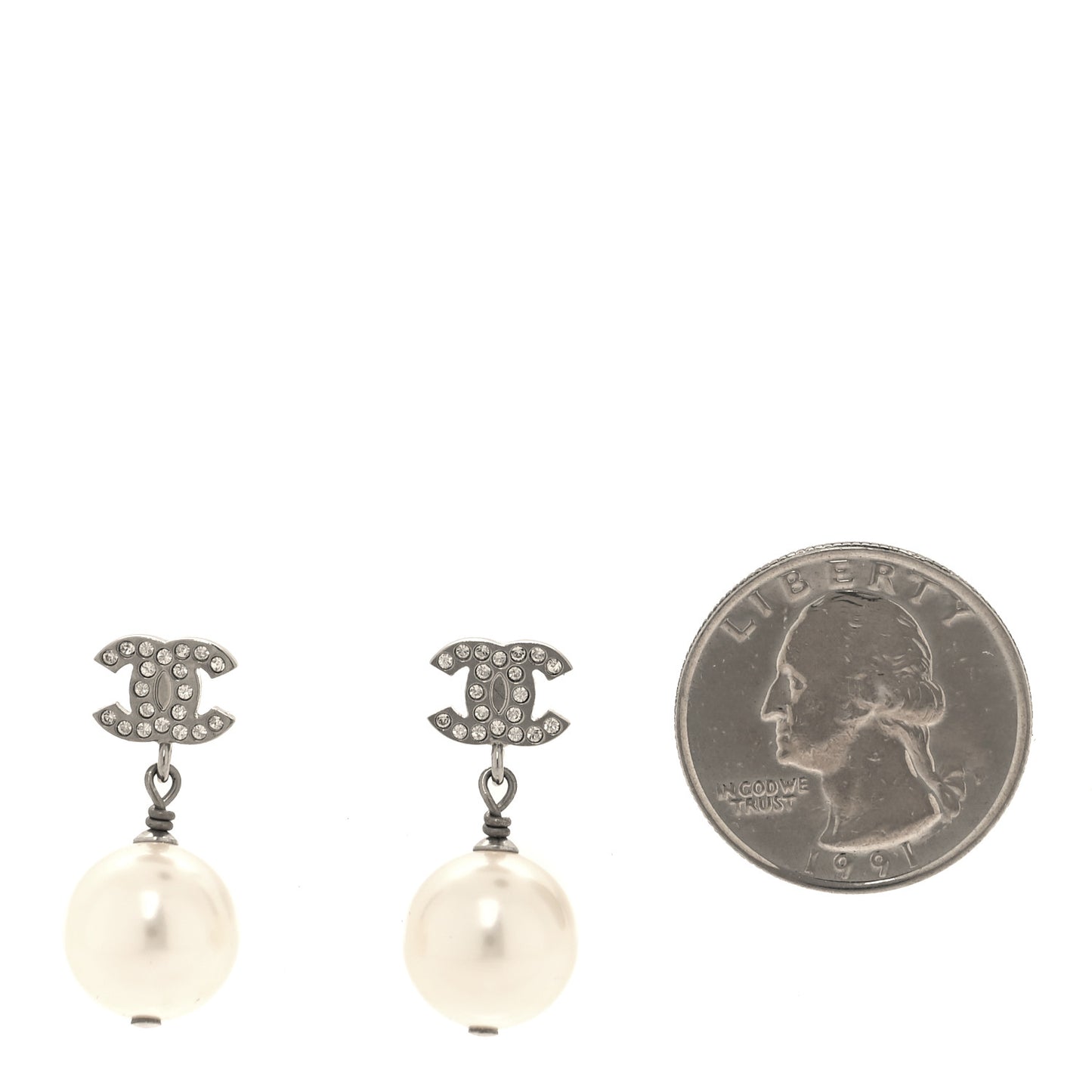 Crystal Pearl CC Drop Earrings Silver Pearly White
