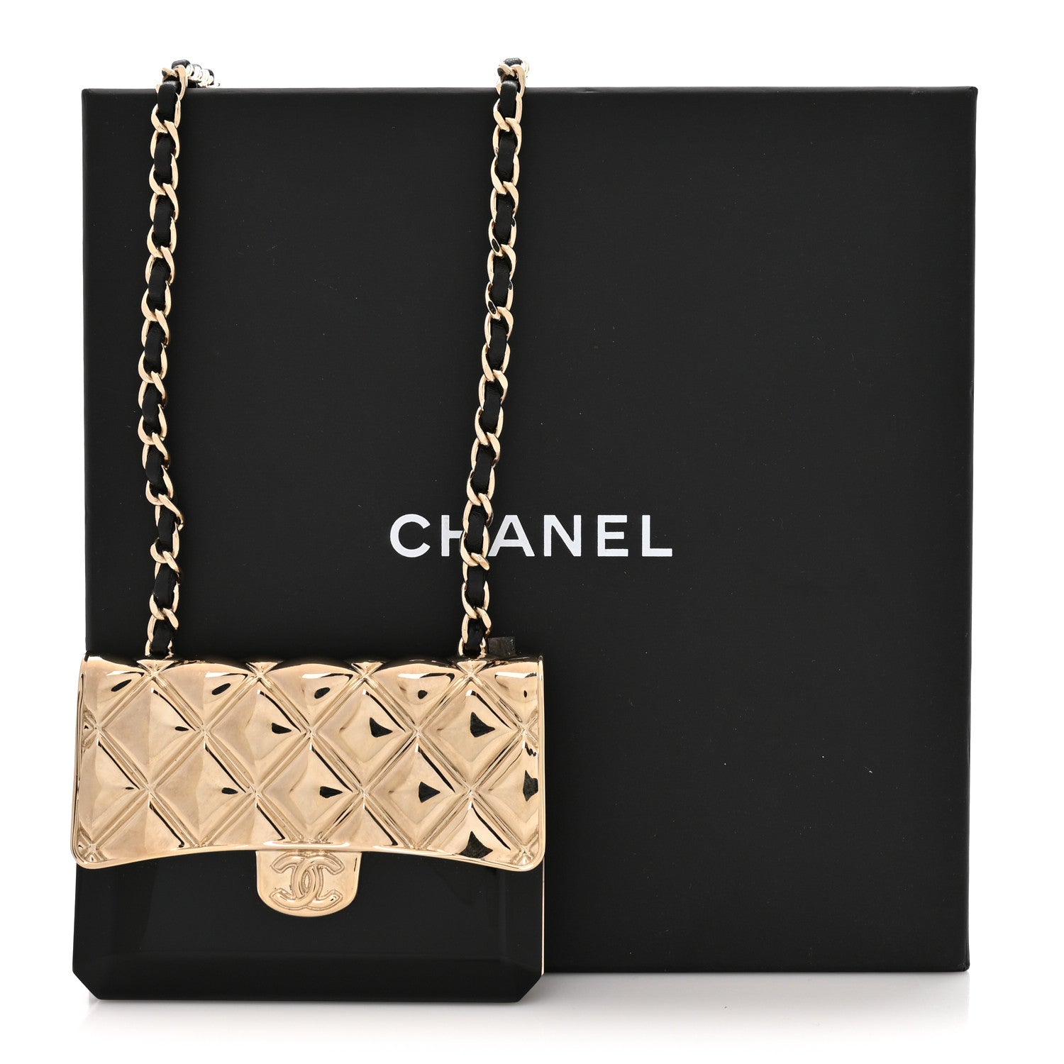 Chanel Metal Resin Lambskin Flap Bag Long Necklace Gold Black 5 of 5