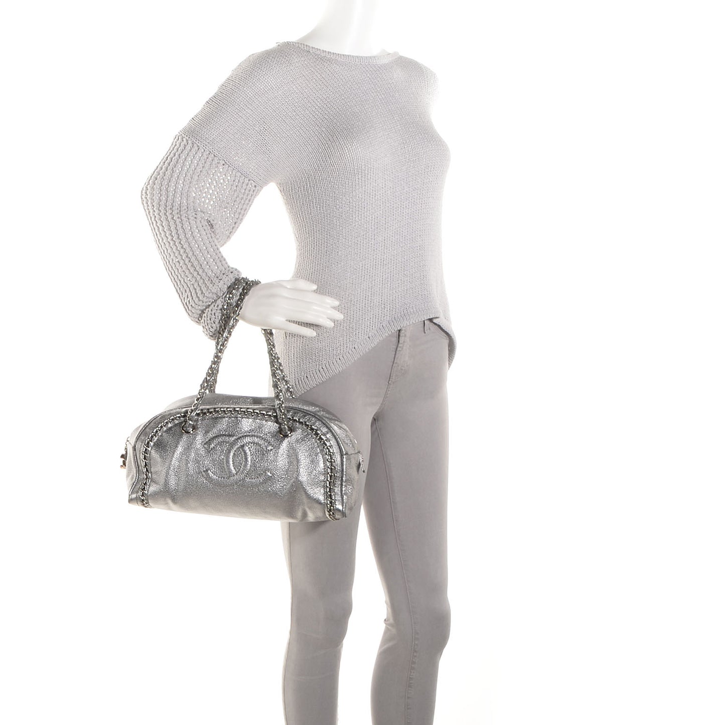 Goatskin Luxe Ligne Medium Bowler Tote Metallic Silver