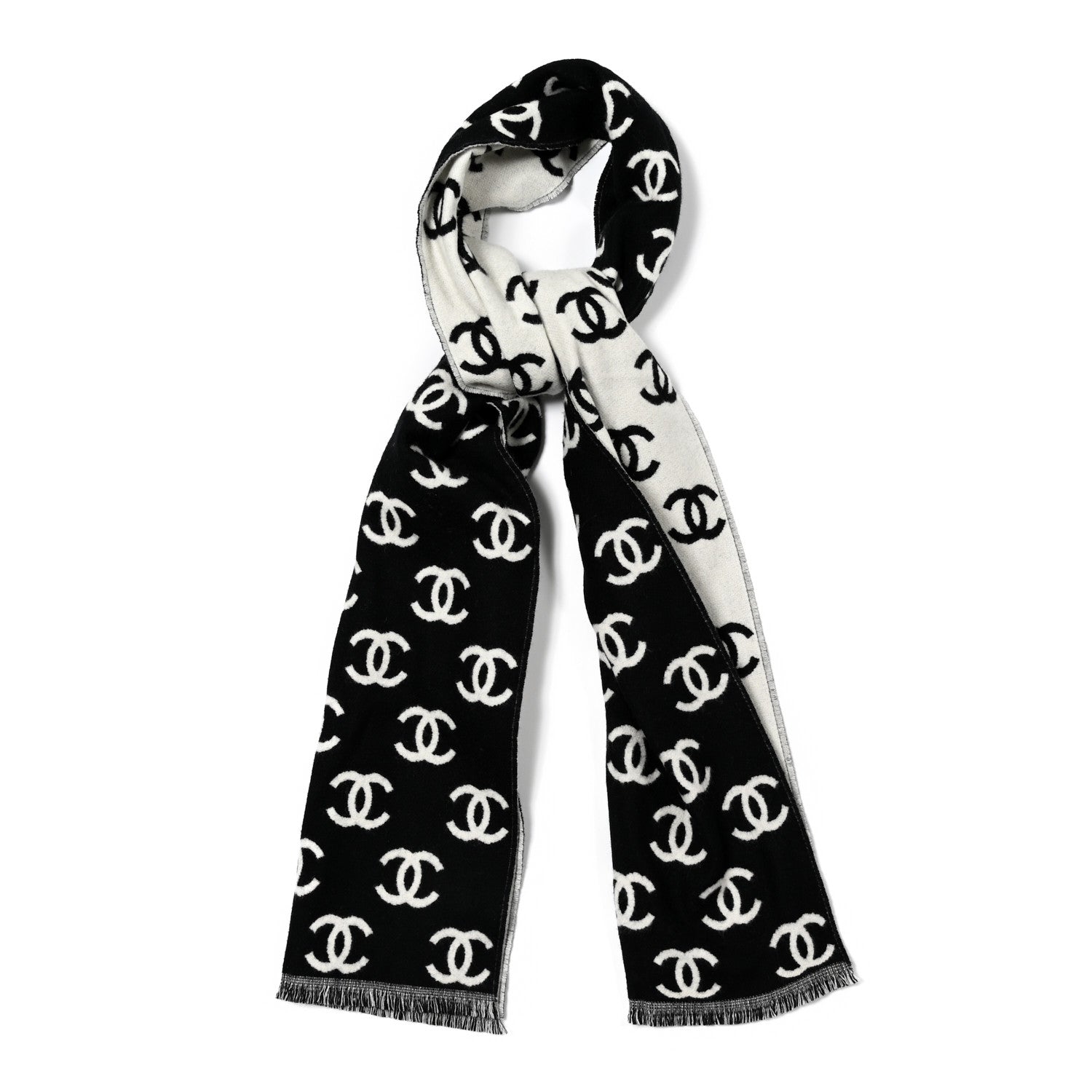Chanel Wool Cashmere CC Scarf Black White 1 of 3