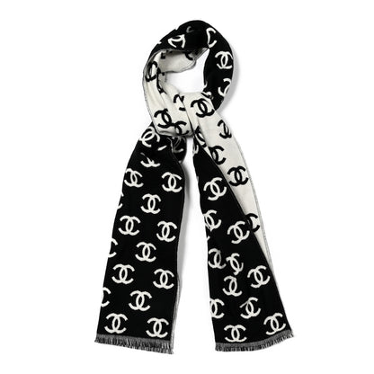 Chanel Wool Cashmere CC Scarf Black White 1 of 3