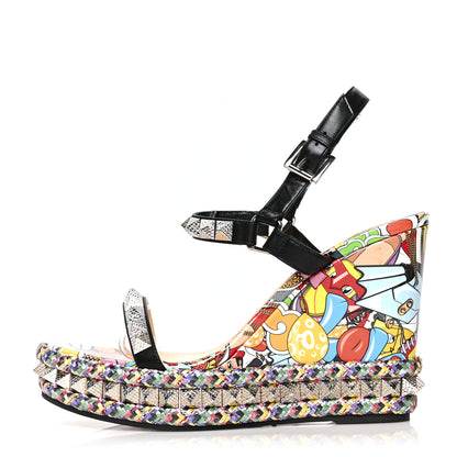 Christian Louboutin Patent Calfskin Super Loubi Print Pyraclou 110 Wedge Sandals 40 Black Multicolor 1 of 7