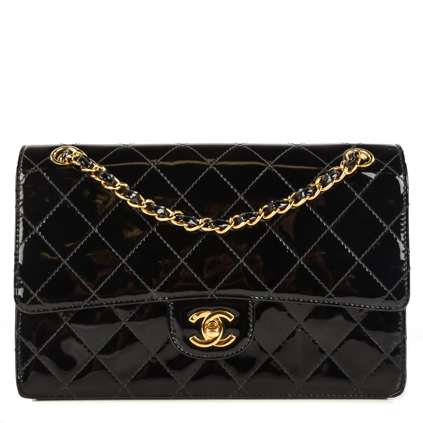 Patent Quilted Medium Single Flap Bag Black