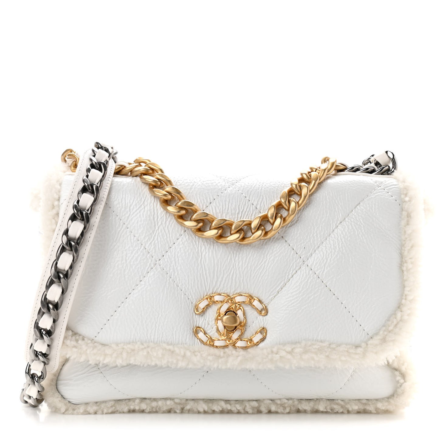 Crumpled Calfskin Shearling Sheepskin Medium Chanel 19 Flap White