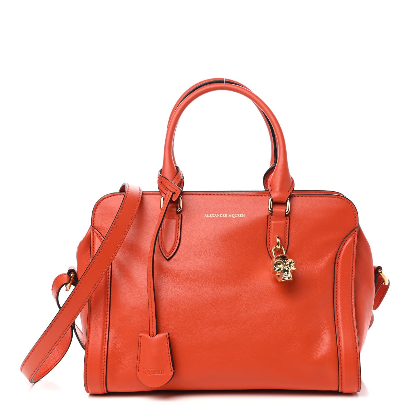 Pebbled Calfskin Small Skull Padlock Zip Around Tote Orange