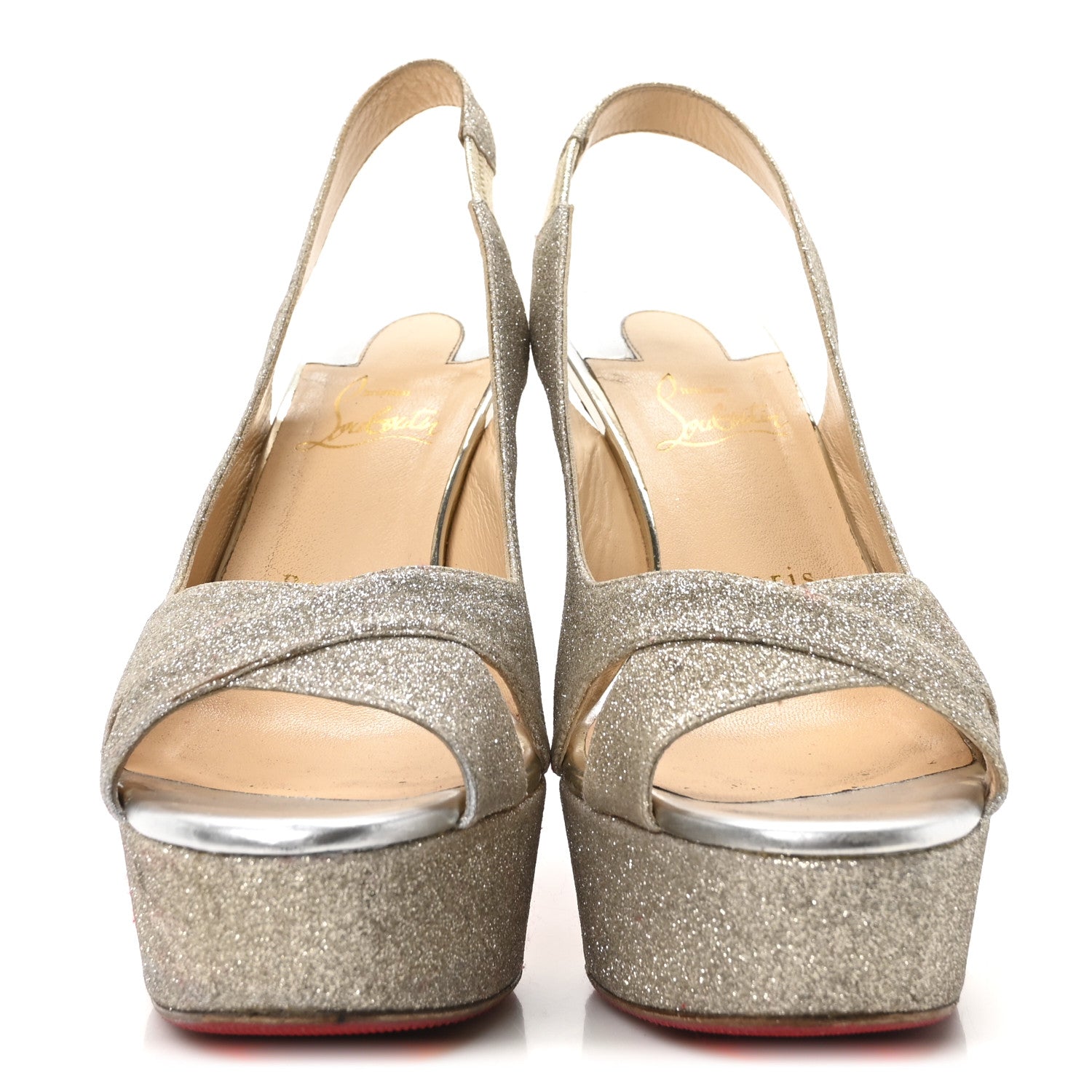 Christian Louboutin Glitter Postdam 130 Slingback Peep Toe Pumps 38.5 Ivory Light Gold 3 of 9