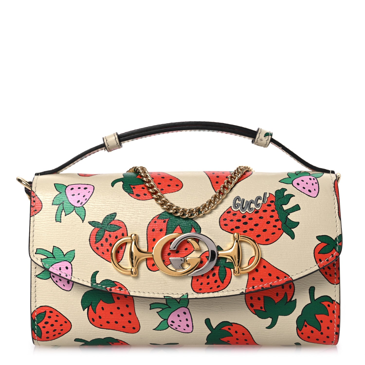 Gucci Calfskin Strawberry Print Mini Zumi Shoulder Bag Ivory Red 1 of 13