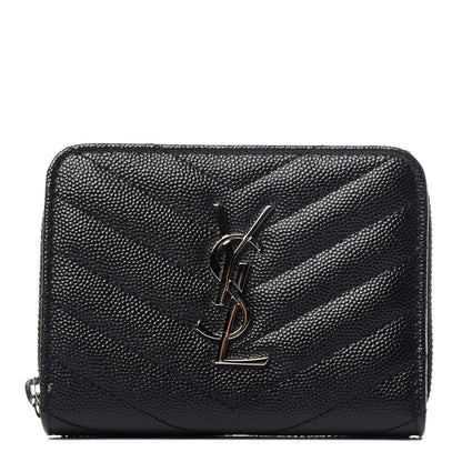 Saint Laurent Grain De Poudre Matelasse Chevron Monogram Compact Zip Around Wallet Black 1 of 10