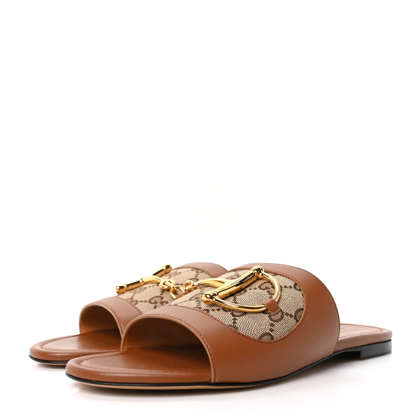 Calfskin Monogram Horsebit Womens Slide Sandals 39 Beige Ebony Sundial