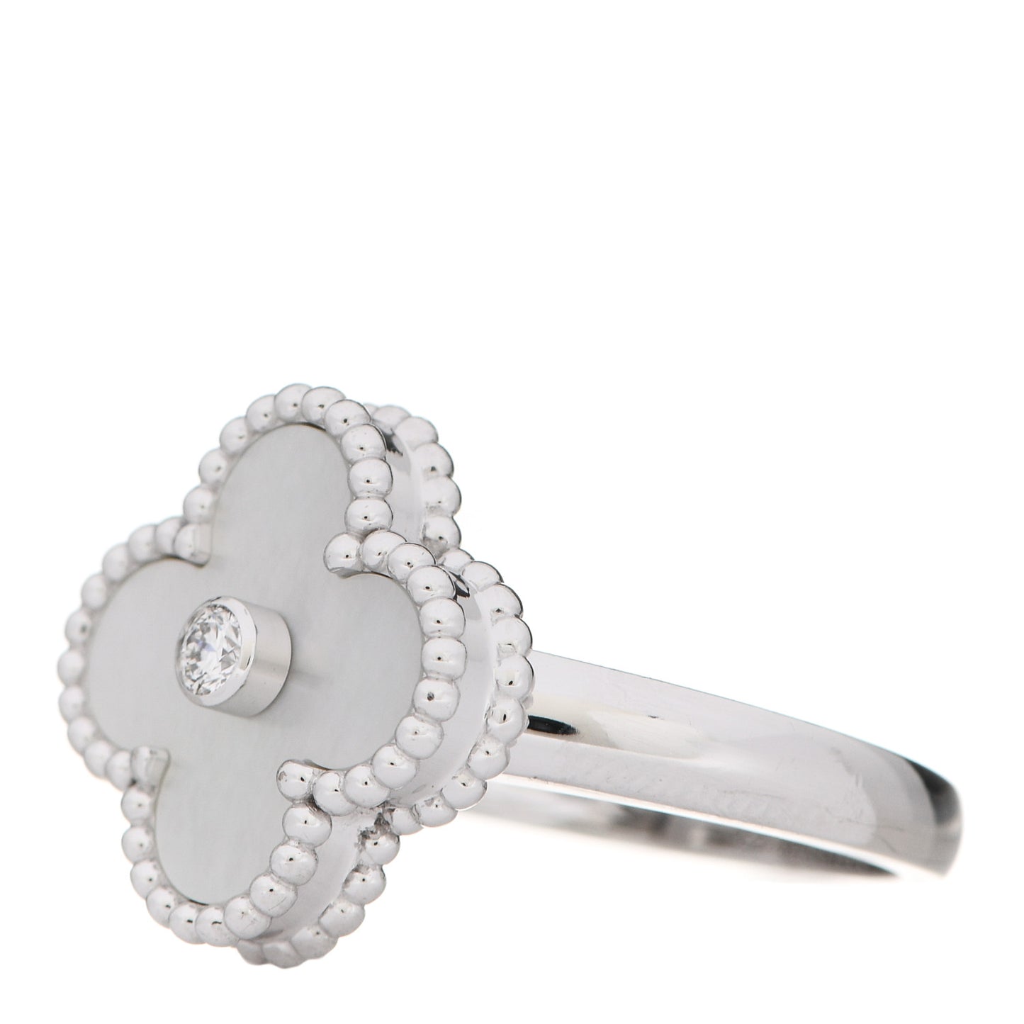 18K White Gold Diamond Mother of Pearl Vintage Alhambra Ring 52 6