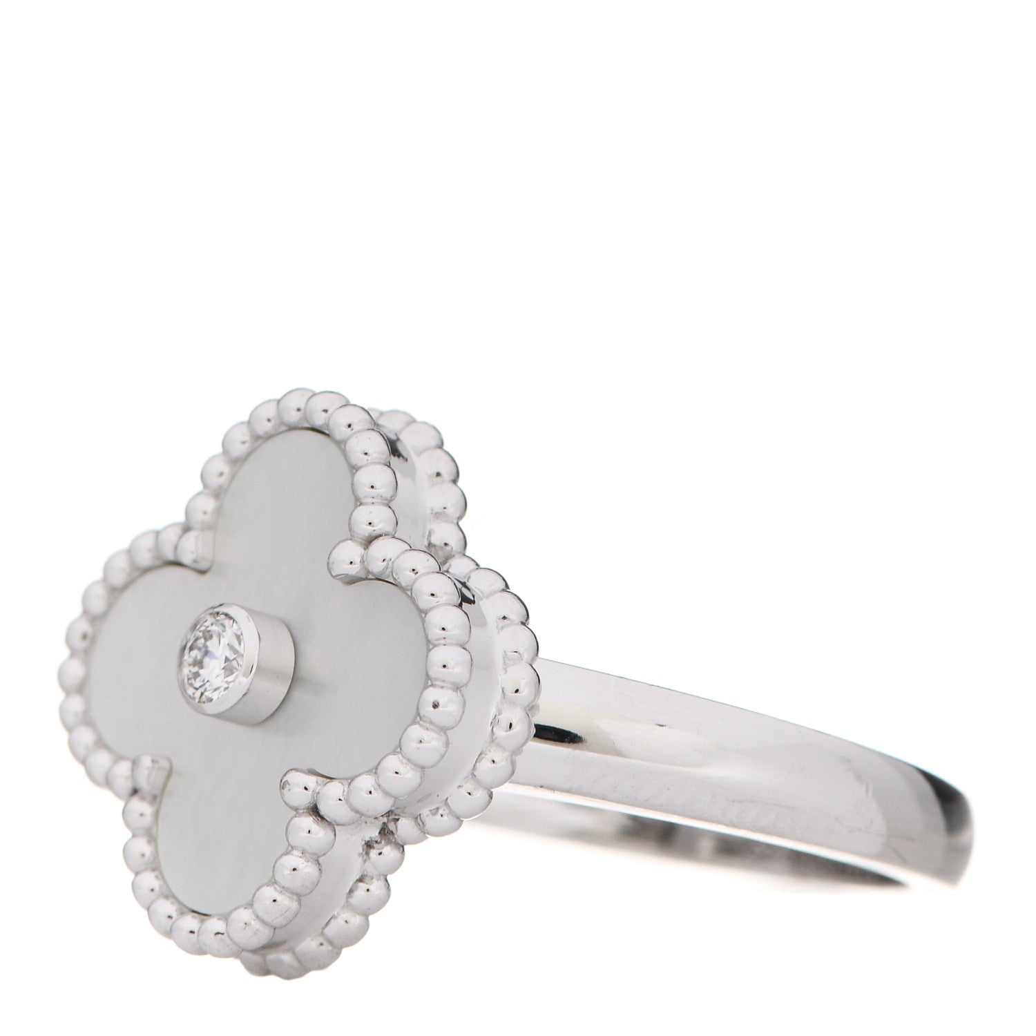 Van Cleef & Arpels 18K White Gold Diamond Mother of Pearl Vintage Alhambra Ring 52 6 3 of 6