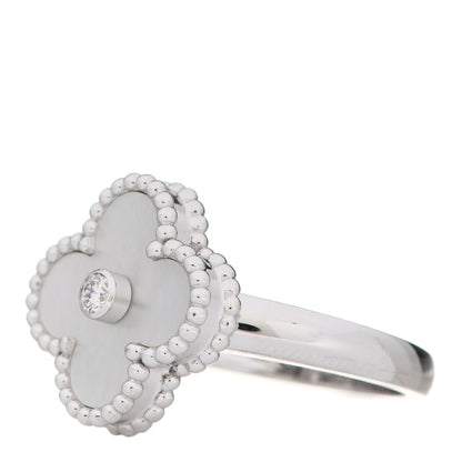 Van Cleef & Arpels 18K White Gold Diamond Mother of Pearl Vintage Alhambra Ring 52 6 3 of 6