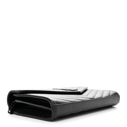 Saint Laurent Grain De Poudre Matelasse Chevron Monogram Monochrome Chain Wallet Black 4 of 11